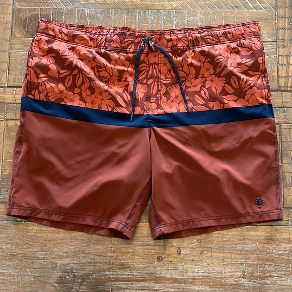 Coolibar Island Swim Trunks in Terracotta Vintage Tropical Stripe in Men’s XXL - Picture 3 of 13